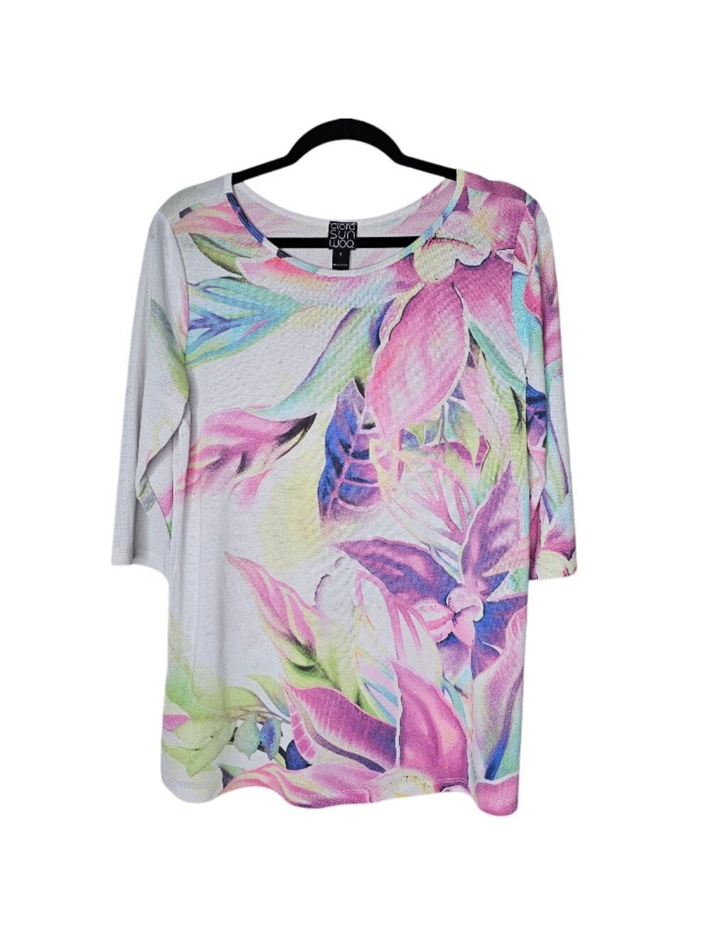 Clara Sun Woo Small Pastel Floral Artsy Art To Wear 3/4 Sleeve Top Blouse Mesh